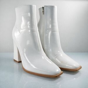 New Women’s White Patent Ankle Boots Block Heel Side Zip Square Toe Size 9